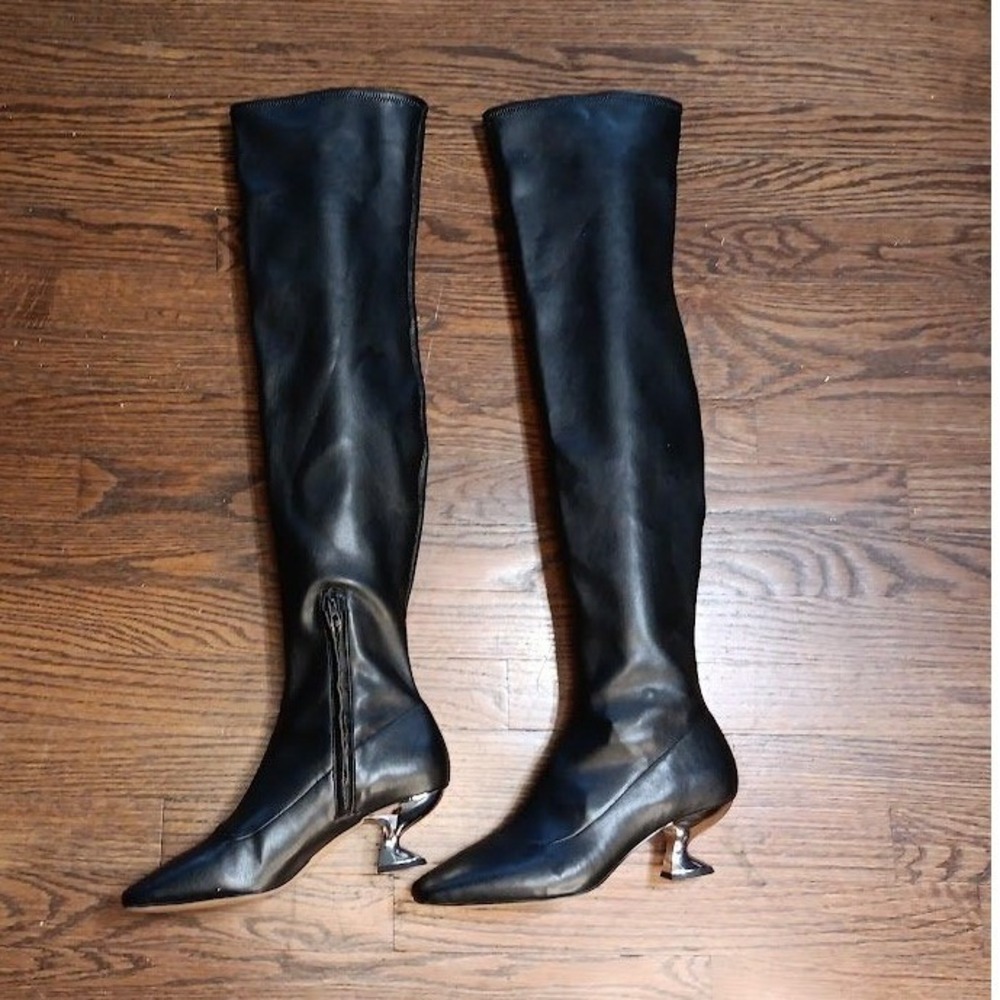 Katy Perry The Laterr OTK Boots Women 9 Black Good Chrome Architectural Heel - Picture 2 of 9